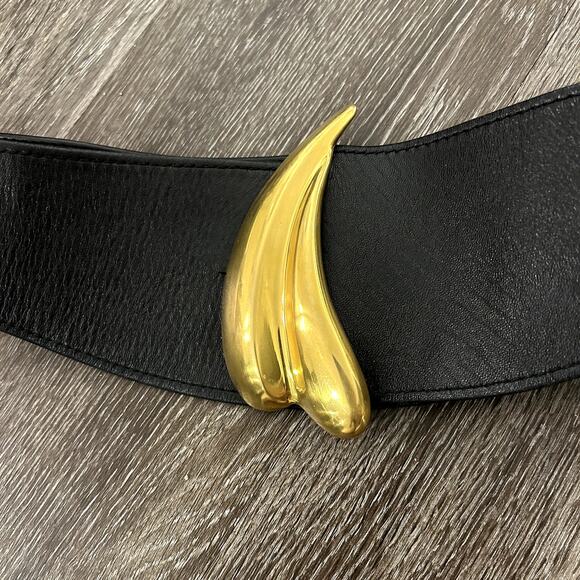 Vintage Donna Karan New York Black Leather Waist Belt Med Gold Sculptural Buckle - Picture 3 of 15